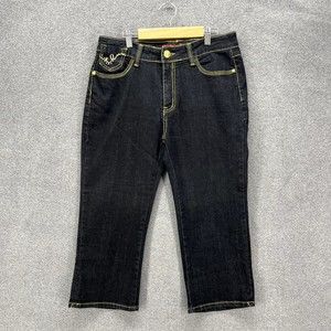 Used Cropped‎ Jeans Womens Size XL Black Denim Gold trim mid rise